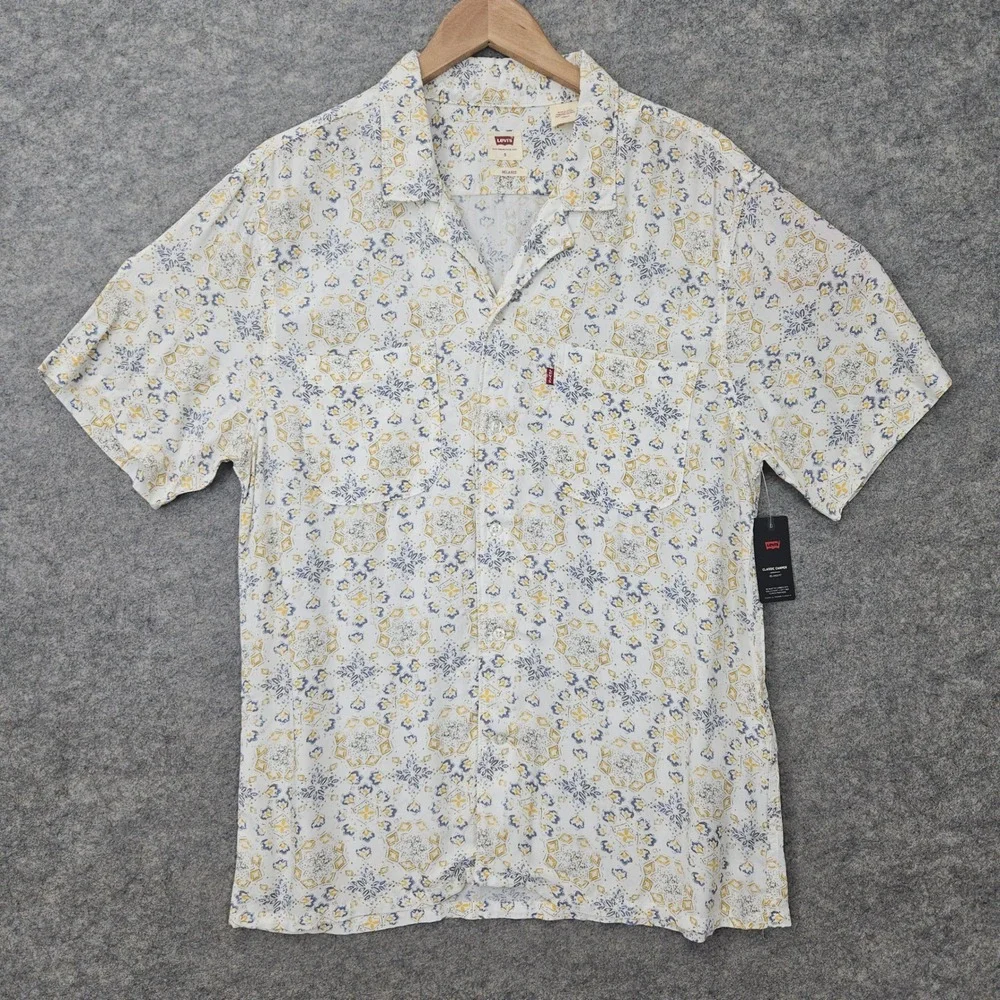 NEW Levis Classic Camper Shirt Men's Small White Printed Relaxed Fit Viscose NWT